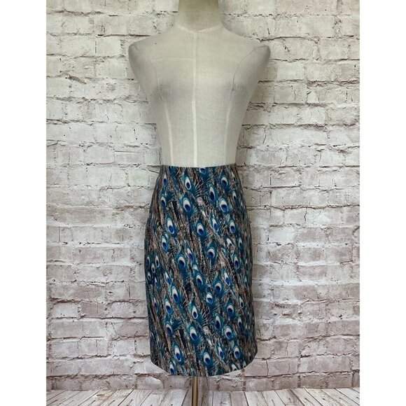 Talbots Petites 2P Peacock Feather Pencil Skirt Teal Blue Stretch Classic Office - Picture 1 of 4
